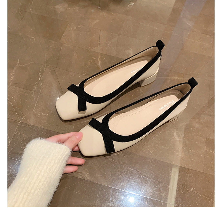Giày cao gót nữ mũi vuông cổ thấp thắt nơ gót vuông 3–5 cm — Màu mơ, Màu nâu (màu trà sữa)