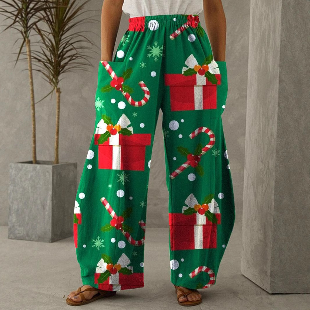 厂家跨境新款热卖欧美女装 圣诞节数码印花宽松潮流灯笼裤阔腿长