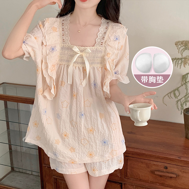 Pajamas with Breast Pads for Women, Summer Short-Sleeved Shorts, Summer 2026 New Style, Can Be Worn Outside, Women's Home Clothes Two-Piece Set Pajamas with Breast Pads for Women, Summer Short-Sleeved Shorts, Summer 2026 New Style, Can Be Worn Outside, Women's Home Clothes Two-Piece Set