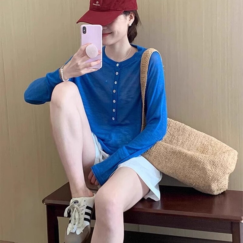 Klein Blue Linen Long-Sleeve Sun Protection T-Shirt Cover-Up for Women, Summer Thin Ice Silk Air Conditioning Shirt Top Klein Blue Linen Long-Sleeve Sun Protection T-Shirt Cover-Up for Women, Summer Thin Ice Silk Air Conditioning Shirt Top