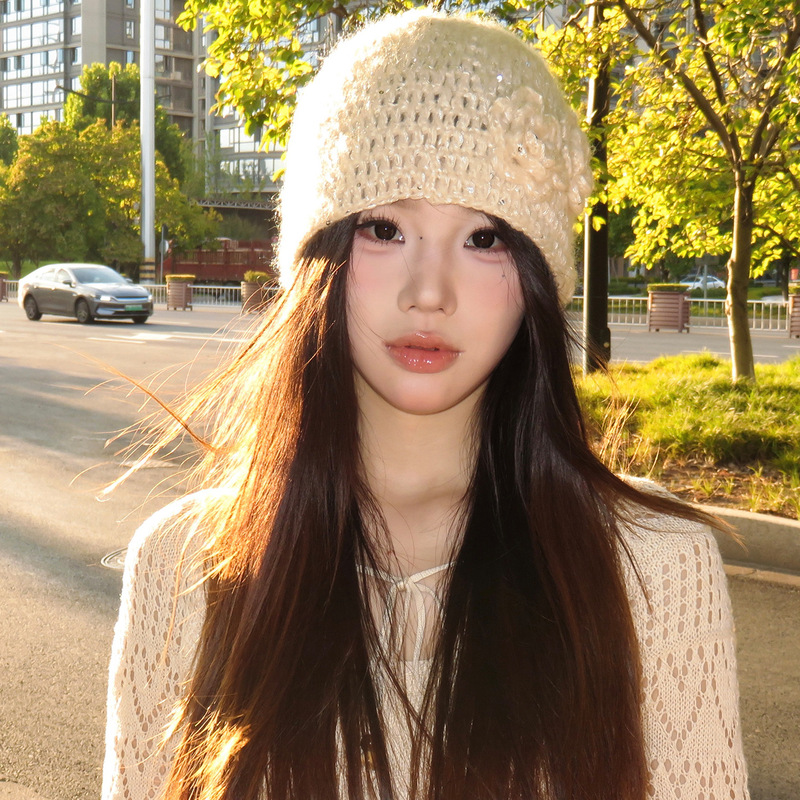 亮片花朵针织包头帽女秋冬季文艺百搭复古冷帽保暖护耳帽毛线帽子|undefined