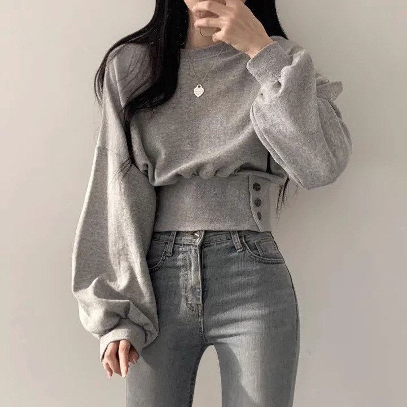 Solid Color Short Waisted Round Neck fleece-lined Sweat Women's Autumn Thin All-match Loose Hood Long-sleeved Top