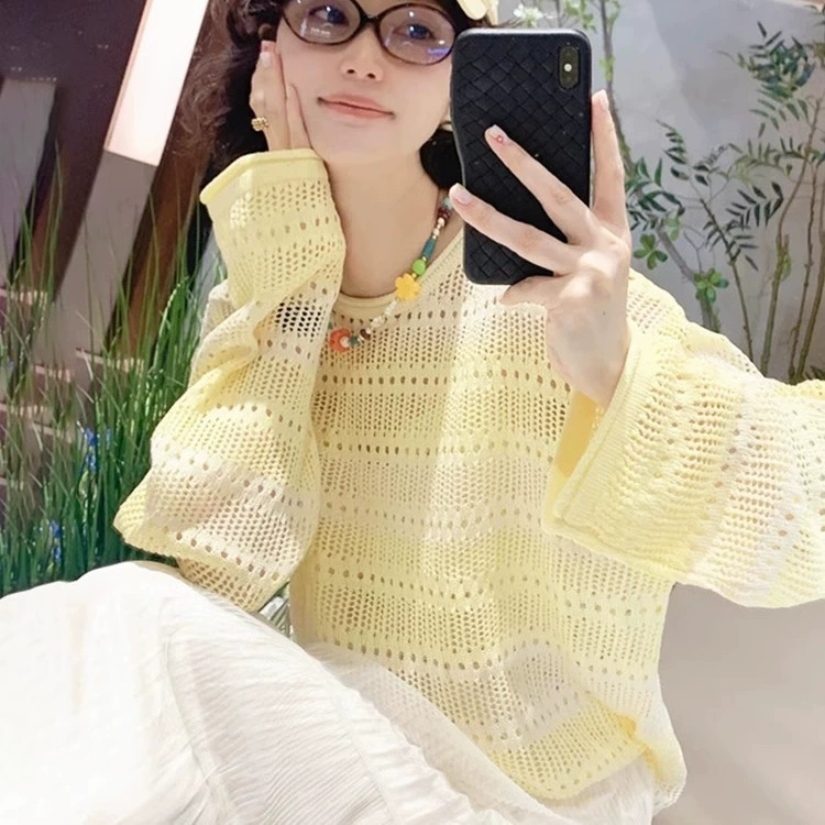 Супер огонь минус возраст тонкий полый трикотажный топ женский 2025 новый свободный трикотажный солнцезащитный блузка женский летний