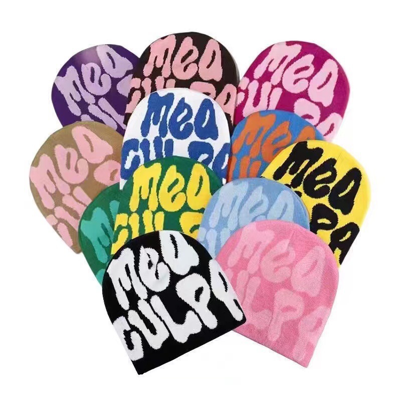Winter New Hip-Hop Style Large Brim Knitted Lettered Beanie Hat, Cross-Border Hot-Selling Camouflage Jacquard Thickened Headwrap