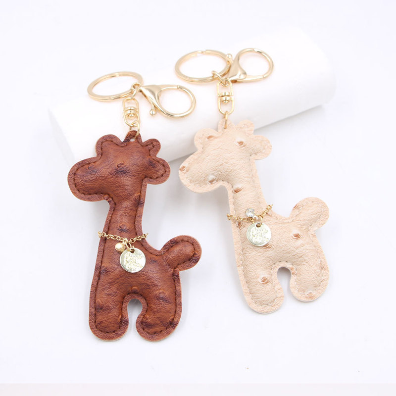 Ostrich Pattern Deer Leather Car Keychain Bag Pendant Personalized Necklace Long Neck Giraffe Leather Hanging