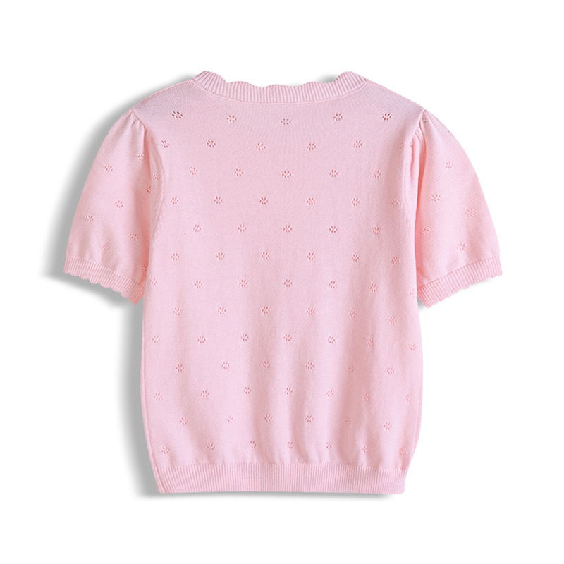 Transfronterizos de clase A niños cuello redondo hueco arco de verano delgado camiseta de manga corta niñas transpirables camisas de punto al por mayor