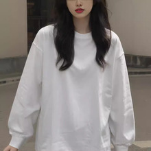 秋季日韩休闲纯棉T恤男女长袖打底衫白色上衣慵懒风百搭宽松简约