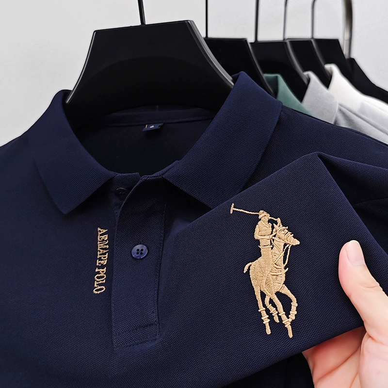 Трансграничные футболки с длинными рукавами рукава мужской летний новый бизнес повседневный мужской костюм среднего возраста сплошной цвет лацканы поло рубашка