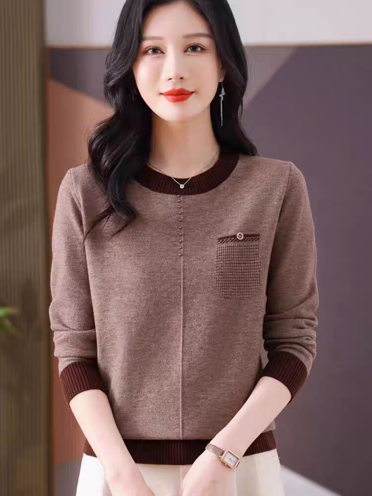 Middle-Aged Mother's Bottoming Shirt Women's Round Neck Color-Blo