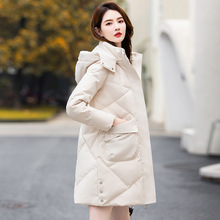 高端白鸭绒羽绒服女冬季2025新款时尚连帽中长款气质修身加厚外套