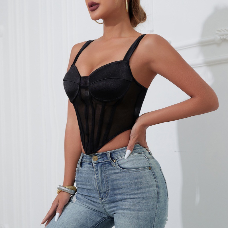 Camisola de lencería sexy transparente con diseño de espina de pescado y patrón de diamantes, ajustada, sin espalda y sin mangas, estilo INS transfronterizo. image 2