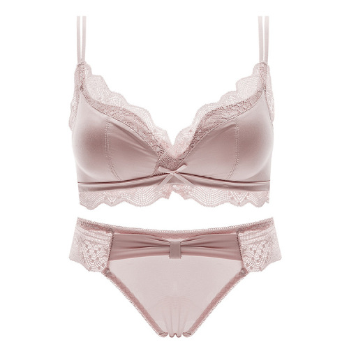 High-end silk satin women's soft latex cotton wireless underwire small bust shaping push-up lace bra set