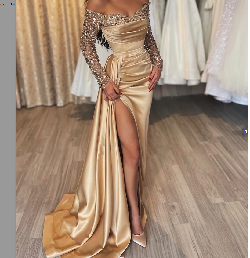 Abito lungo monospalla da donna con maniche lunghe – Elegante abito lungo con scollo a V e paillettes (gonna svasata, dettagli metallici, tessuto elasticizzato)_voghion.com