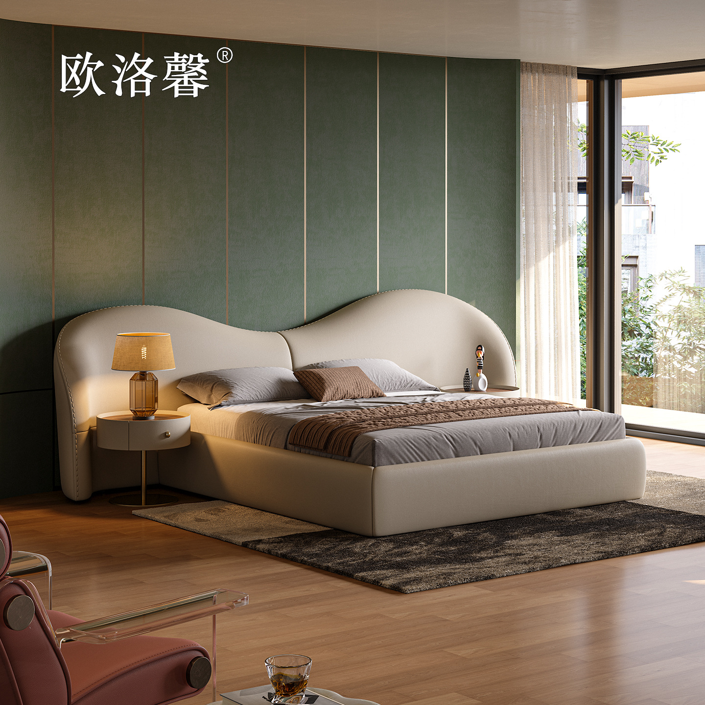 Luxurious Full Genuine Leather Bed Modern Italian Minimalist Top Layer Cowhide Green Leather Wide-Screen Headboard Mansion Villa Master Bedroom Wedding Bed