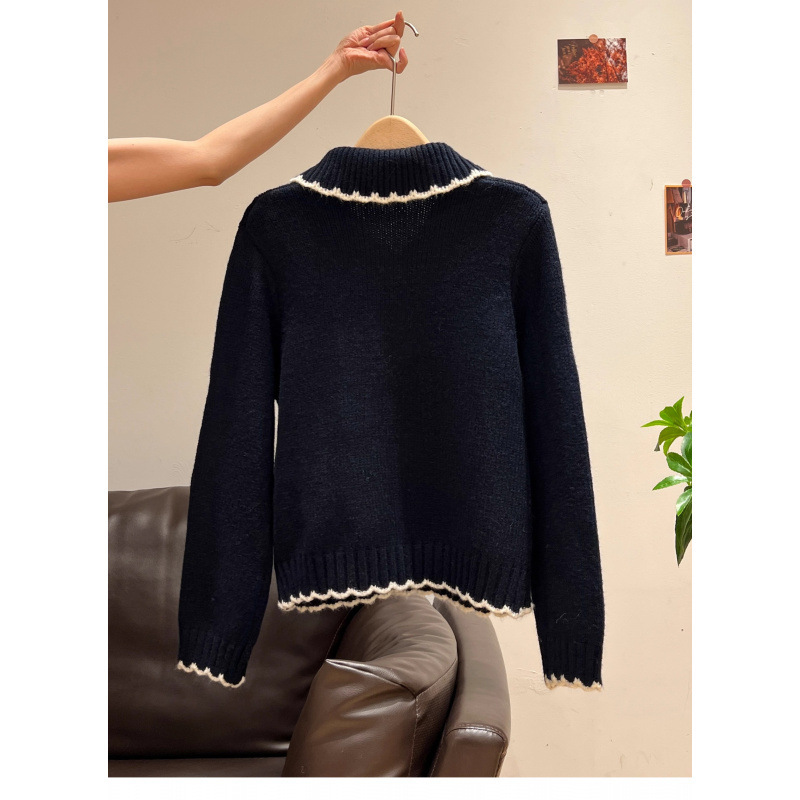 Color-Blocked Polo Collar Sweet Style Cable-Knit Cardigan, New Autumn and Winter Fluffy Warm Youthful Knitwear