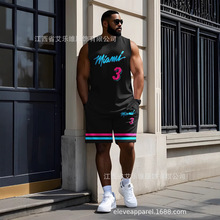 跨境男士圆领背心长裤套装3D数码印花美国数字蓝球衣图标码运动套