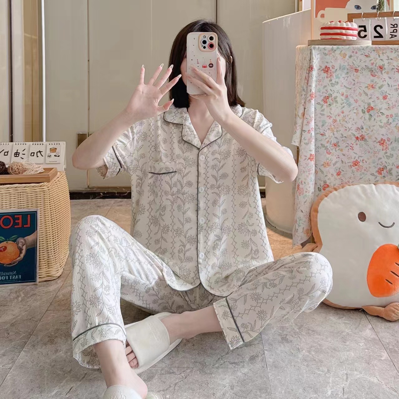 Pajamas de espuma tejidos de verano de algodón pantalones largos de mangas cortas ropa para el hogar de verano delgada de algodón conjunto de dos piezas