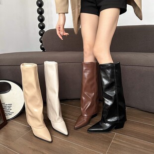 Patent Leather Trousers Boots Pointed Toe High-heeled Thick Heel High-heeled Boots But Knee One-step Women's Autumn and Winter Hot Girl Fashion Boots