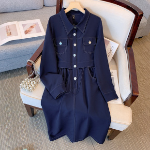 European goods chubby girl plus size women's clothing autumn cover belly hiding meat skirt pear-shaped figure slimming fake two pieces dress 3280