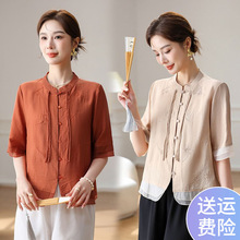 中国风中年妈妈装衬衫中袖刺绣花夏季中老年女装宽松上衣洋气小衫