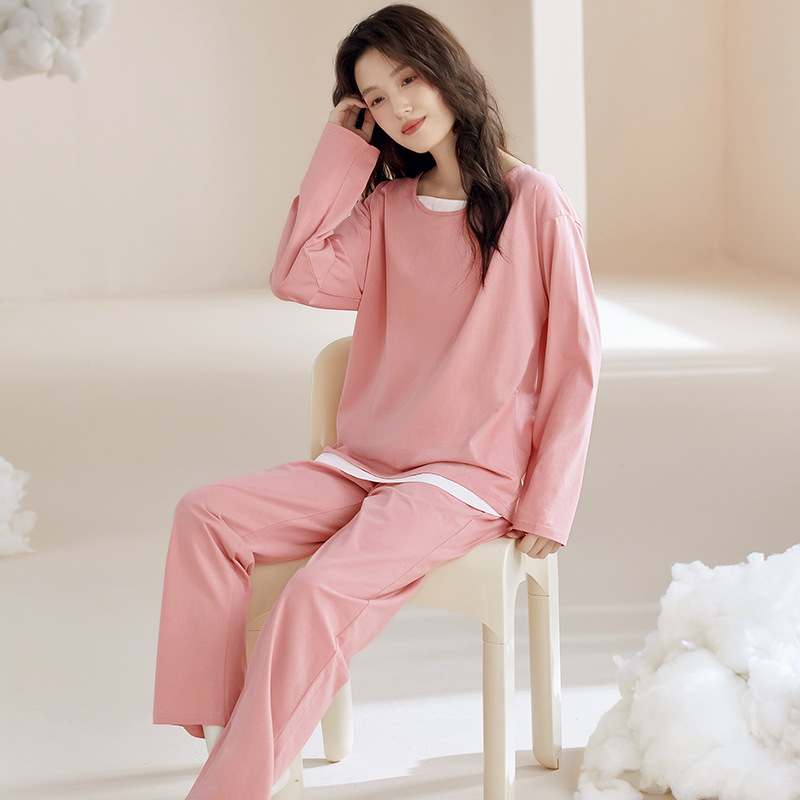 100%纯棉睡衣女士秋冬季全棉长袖女生纯色宽松可外穿家居服套装