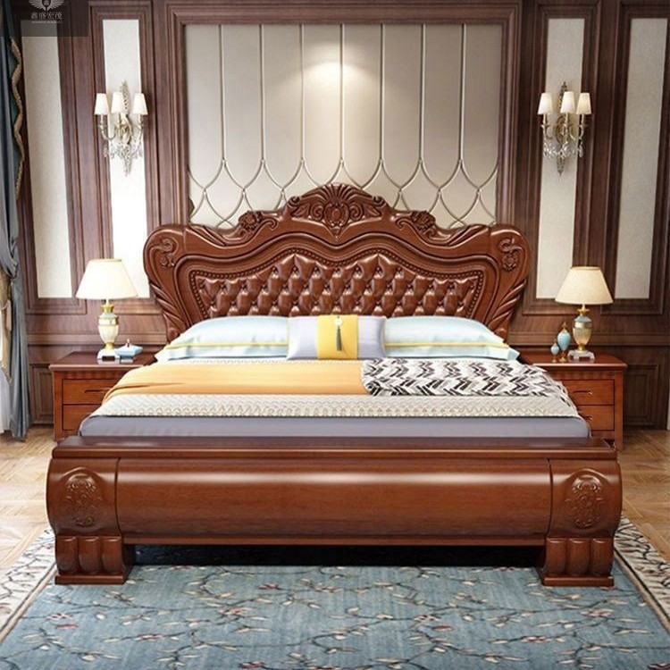 Cama de madera maciza de estilo europeo Cama de boda de 1,8 m Cama de princesa tallada de lujo de 1,5 m Dormitorio principal Cama grande Cama de almacenamiento de caja alta Hogar