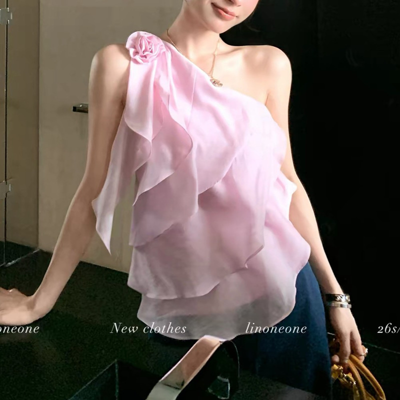 Linoneonesoft Soft Light Tencel Acetate Linen Multi-Layered Ruffled Single-Shoulder Floral Top Blouse