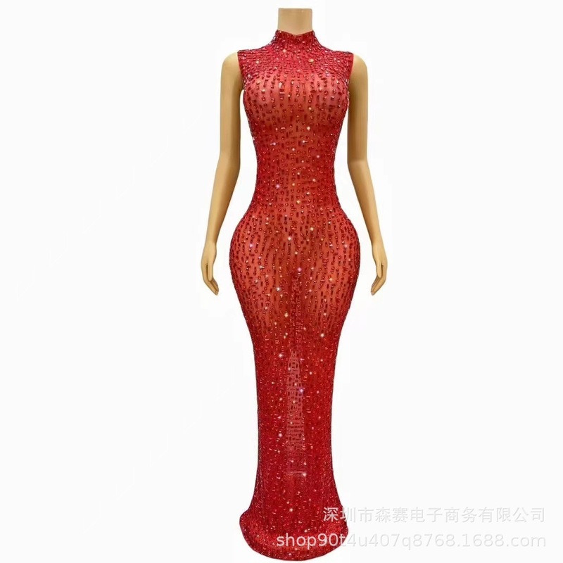 夏季新款晚礼服女长款钉钻修身显瘦舞会派对新娘结婚礼服连衣裙|undefined