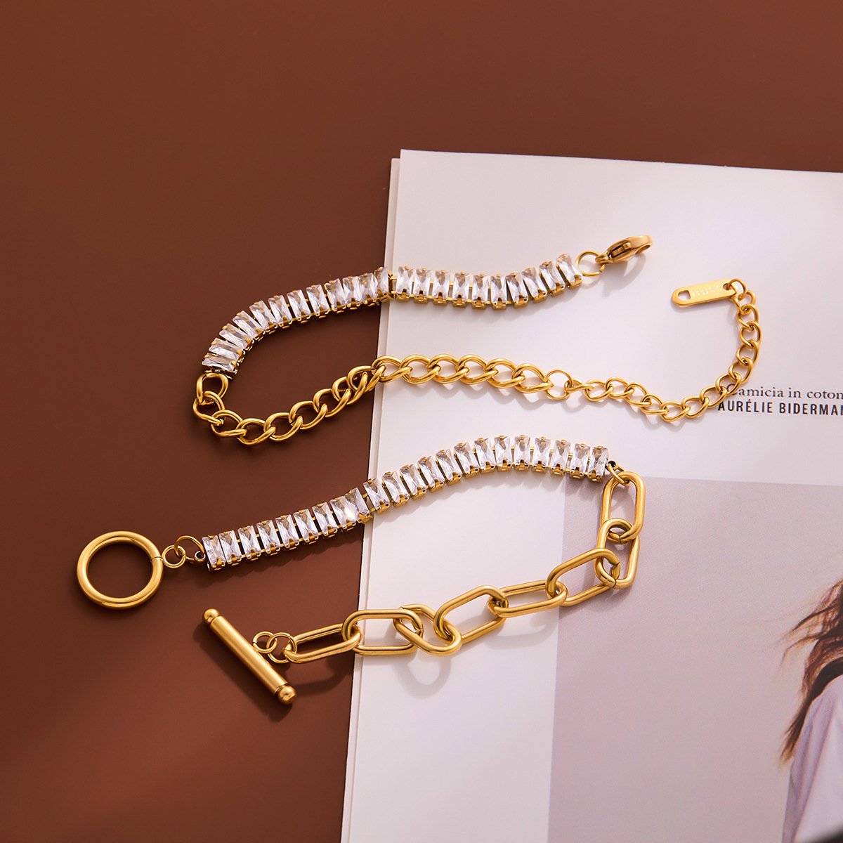 Diseño de moda europea y americana Zircon cuadrado empalmado pulsera de cadena cubana acero inoxidable chapado 18 quilates pulsera de oro para mujeres