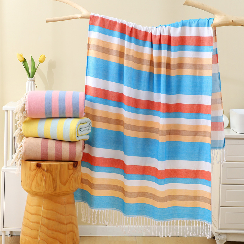 Processing and Customizing Multi-Color Stripesd Beach Towels, Turkish Tassel Bath Towels, Direct Supply of Export Sources, Cotton Large Size Towels