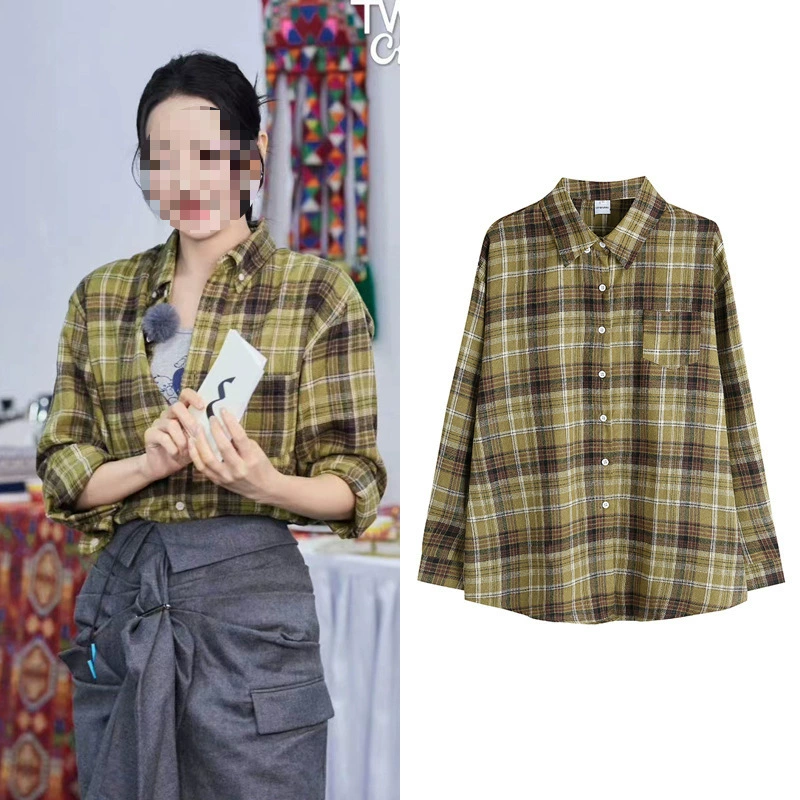 Dilireba цветок и молодая звезда в одном стиле Американский Ретро Защита от солнца BM клетчатая Свободная рубашка Топ для женщин