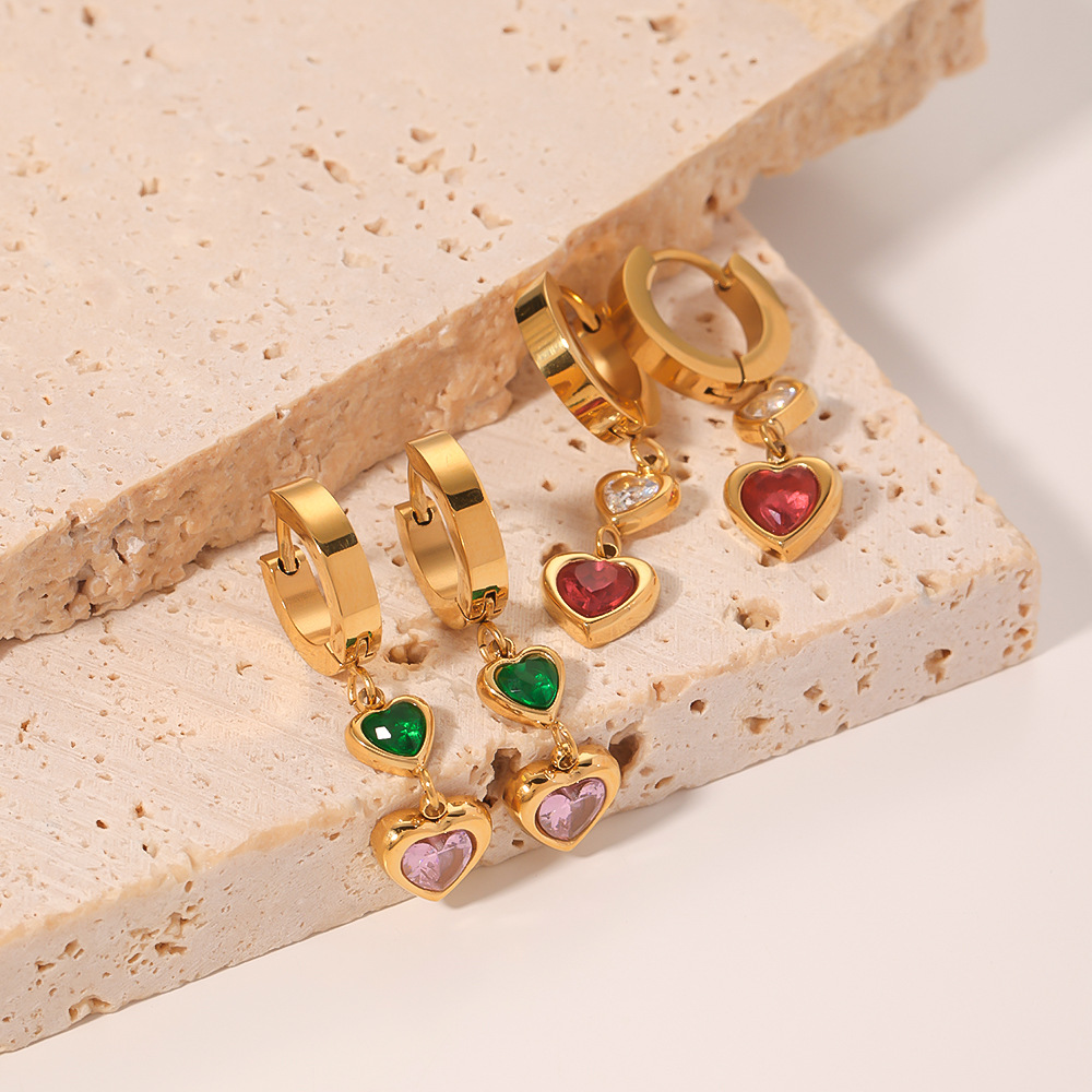 10g Weight Vacuum Plating Gold Plating Process 1 Pair Elegant Retro Geometric Heart Shape Plating Inlay Stainless Steel Zircon 18K Gold Plated Drop Earrings