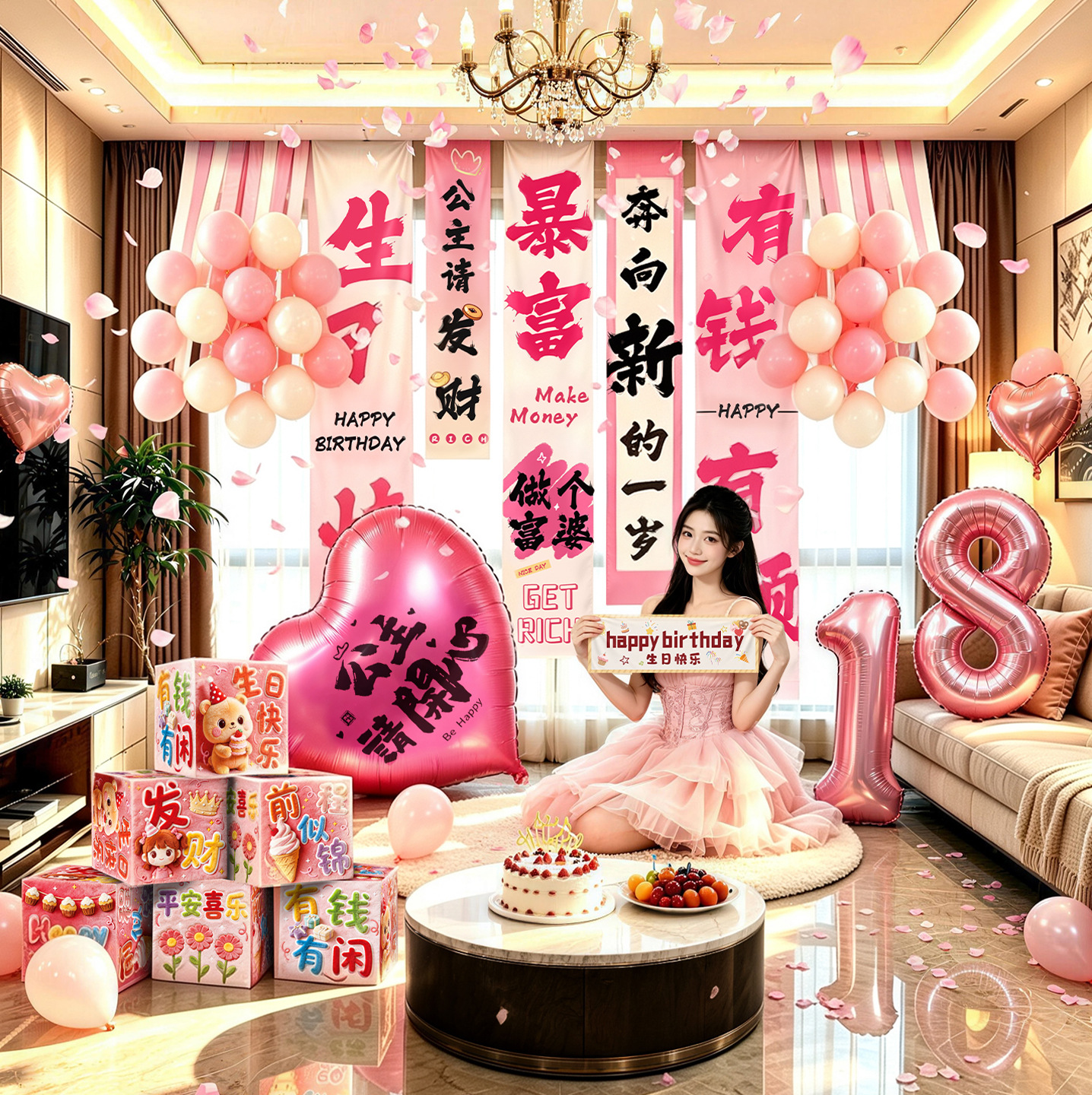 Happy 18th Birthday Banner, Hanging Cloth, Scene Decoration, Princess Coming-of-Age Party Props, Special Photo Props