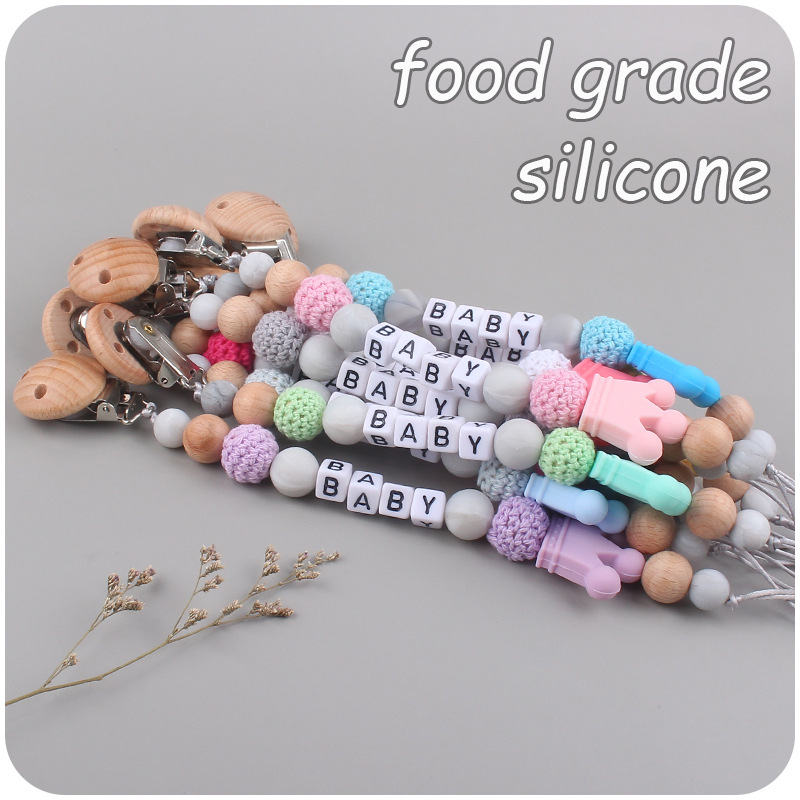 Bebé DIY creativo de dibujos animados corona de silicona calmante cadena juguete bebé nombre mordedor cadena de chupete cadena anti-caída