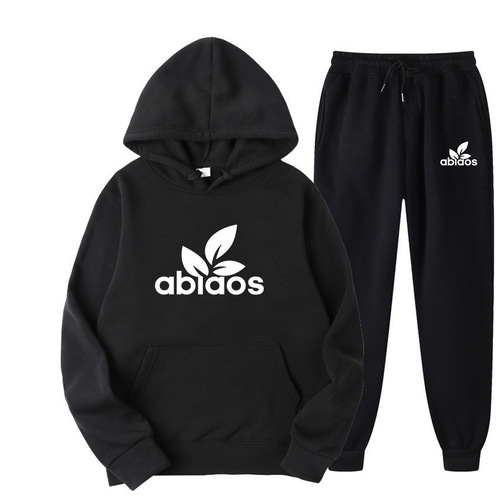 Autumn/Winter Fleece Men's Fashion Hooded Sweatshirt Print Sports Casual Two-Piece Set