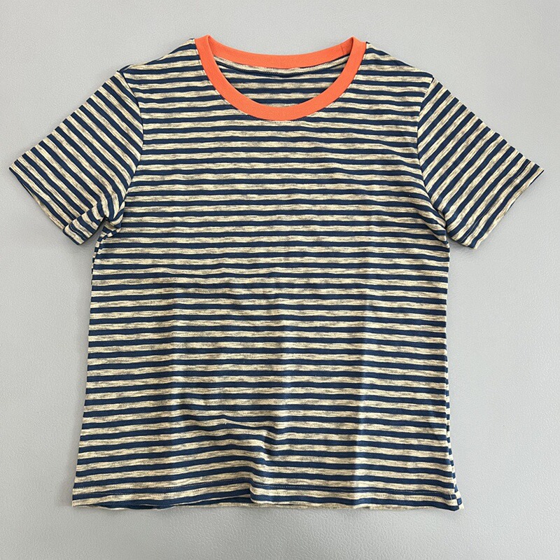 Striped Color-Block T-Shirt for Women, New Summer Style, Breathable Short-Sleeve Round Neck, Slim-Fit Versatile Casual Top