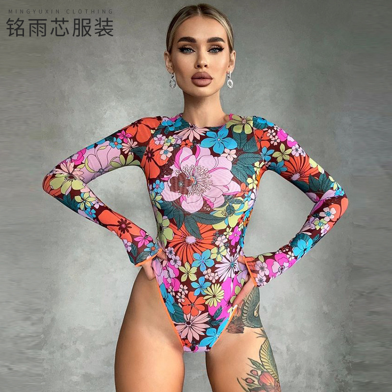 Amazon Women's Summer Printed Round Neck Long Sleeve High Waist Slim Fit Bodysuit Swimsuit Women's High Elastic High Waist Amazon Women's Summer Printed Round Neck Long Sleeve High Waist Slim Fit Bodysuit Swimsuit Women's High Elastic High Waist