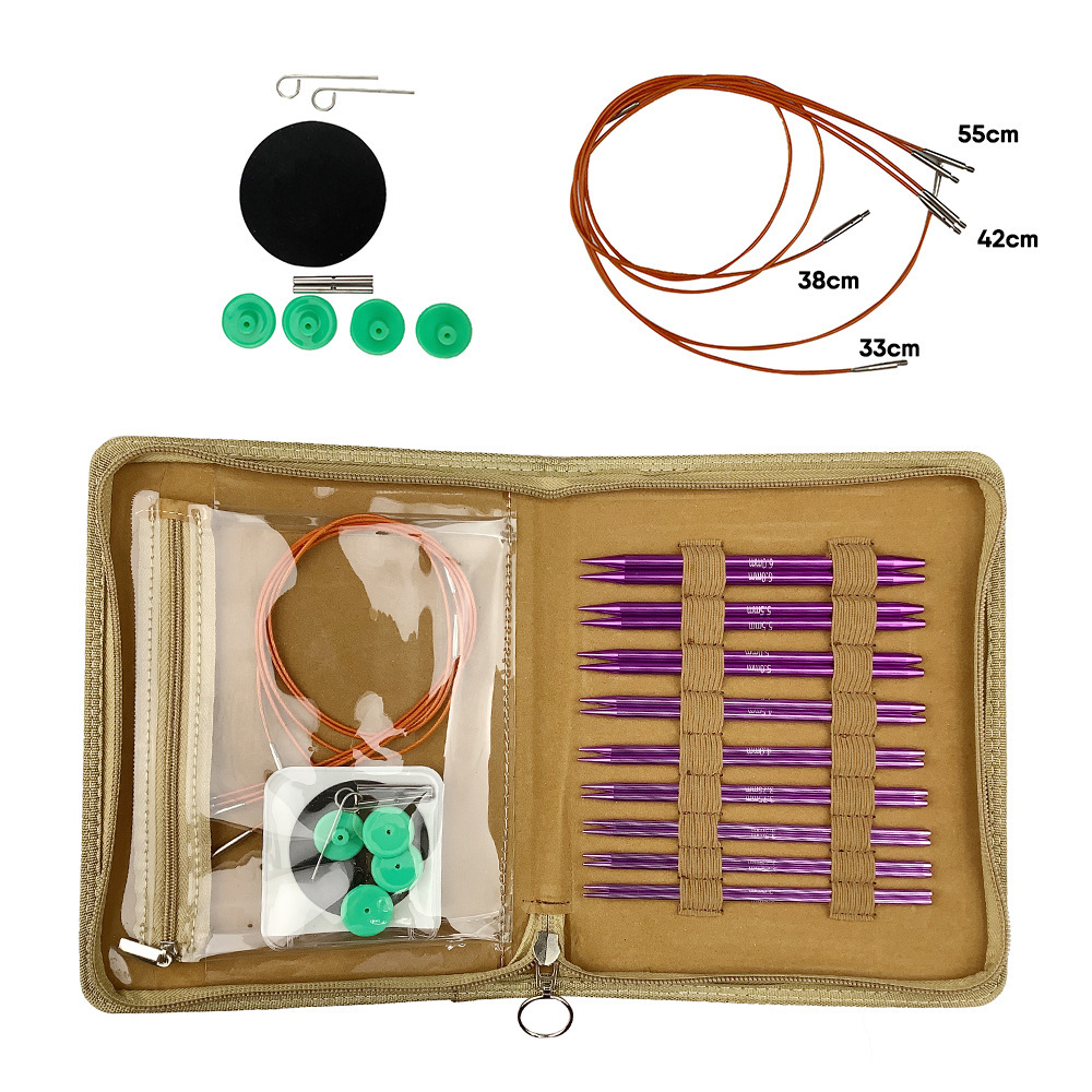 Herramientas de tejido aguja de suéter púrpura 5 pulgadas un conjunto de 9 pagas 3.0-6.0MM PU largo desmontable aguja de anillo