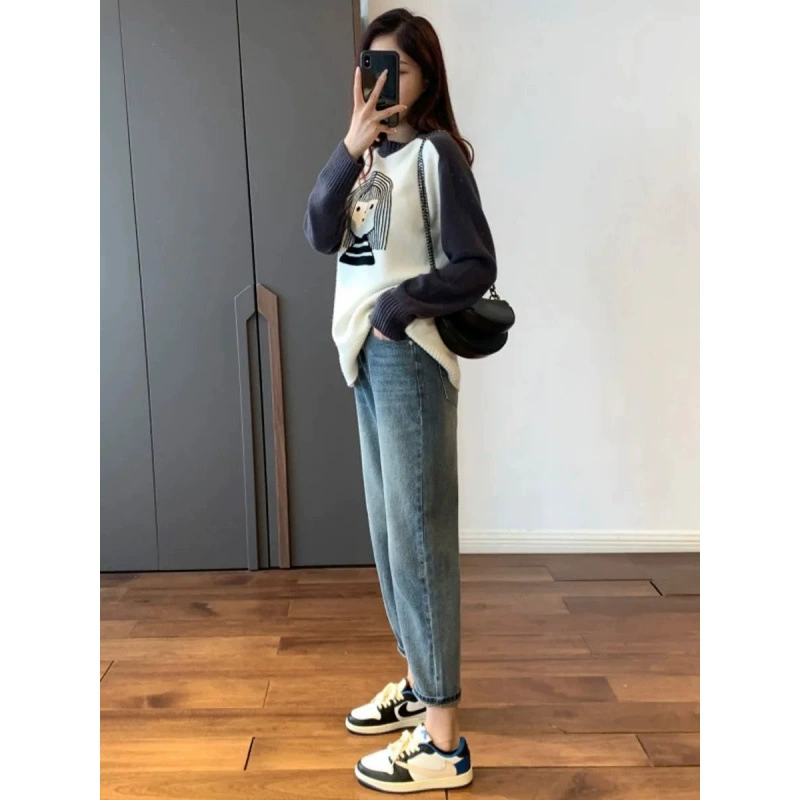 2024 зимняя грушевидная фигура ультра-мягкая тканая джинсы Харун женщина большой размер толстая сестра тонкая ретро редька брюки