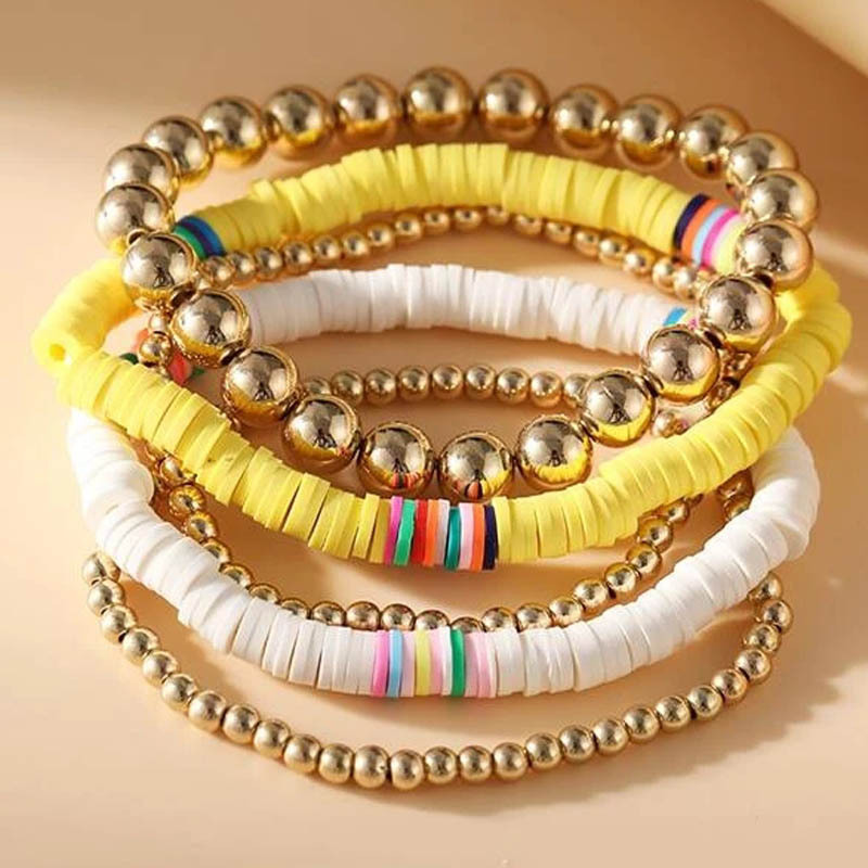 Vintage Bohemian Style Handmade Polymer Clay Bracelet Copper Bead Elastic String Metal Bracelet