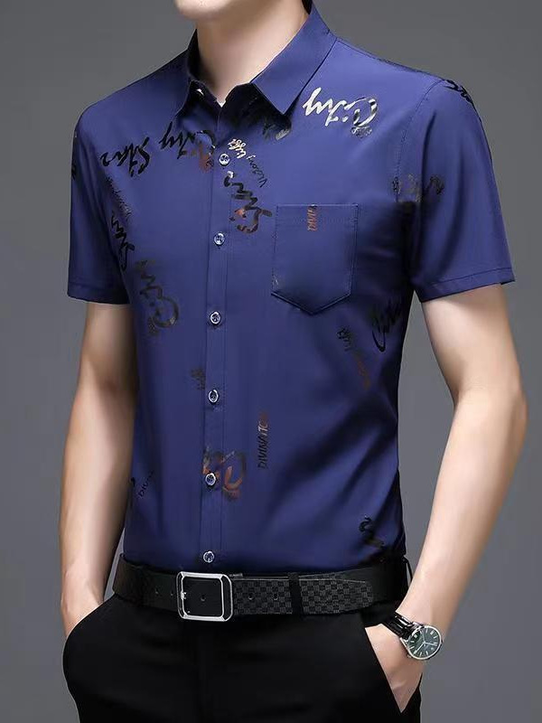 Nueva camisa floral de media manga para hombre de verano de seda de hielo sin planchar camisa de manga corta de moda para hombre camisa floral de solapa superior