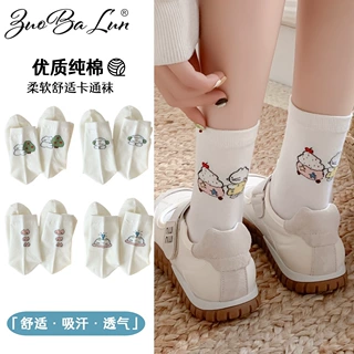 白色袜子女秋冬全棉中筒袜卡通可爱猫咪堆堆袜松口纯棉月子袜批发