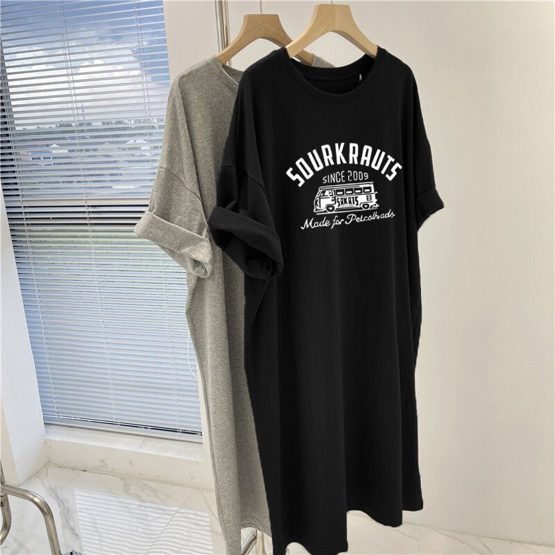Plus Size Retro Chic Short-Sleeved T-Shirt Dress for Women 2025 New Loose Slimming Look Mid-Length Slit Skirt Summer