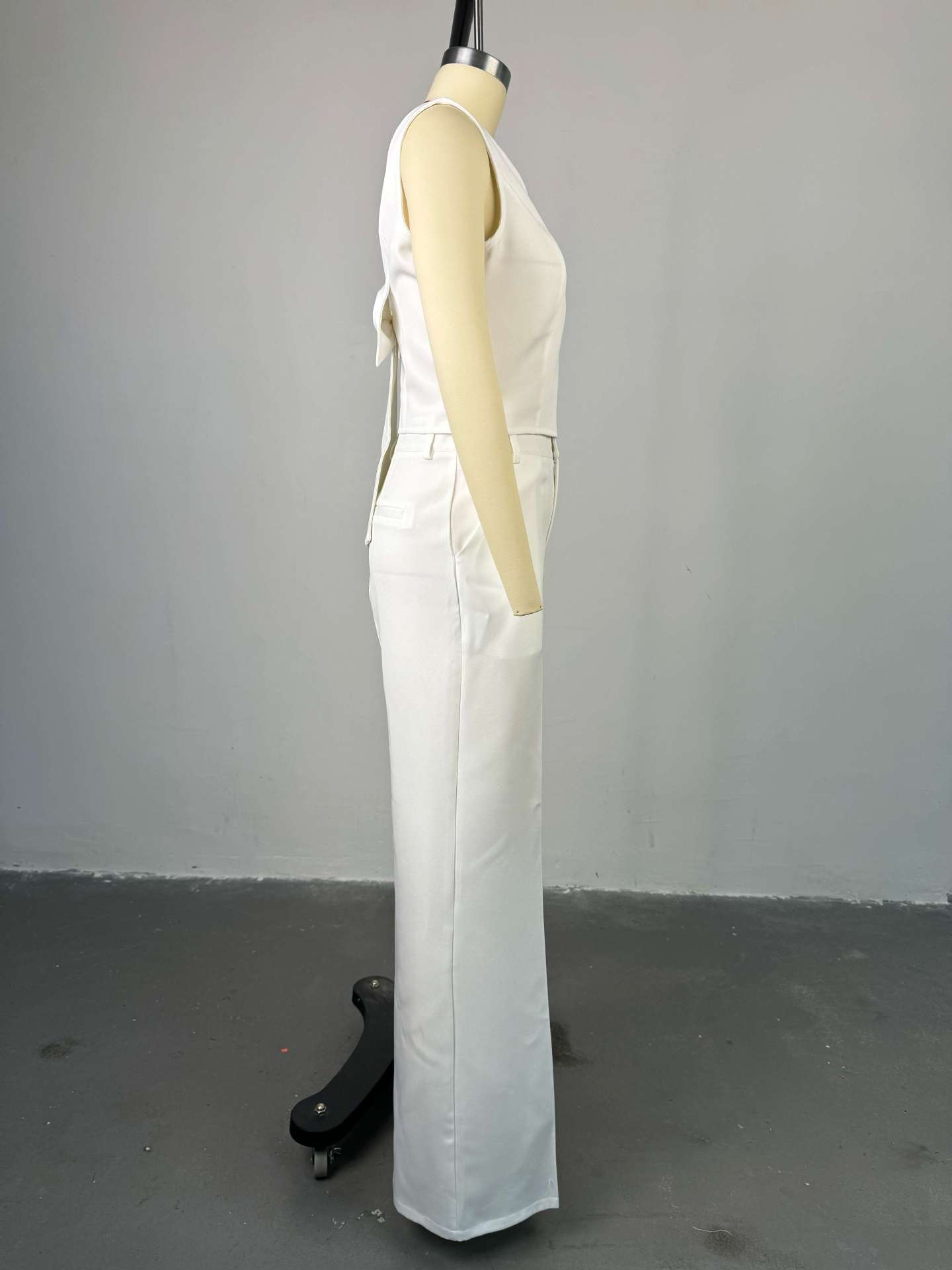 Women Clothing Spring Solid Color Backless Bow Top Wide Leg Trousers Casual Suit