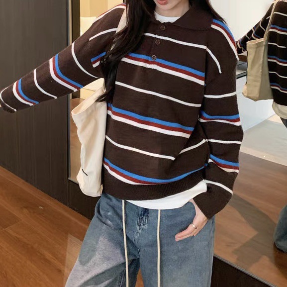 复古美式POLO领条纹长袖针织衫2025秋冬季新款宽松减龄外穿毛衣女|undefined
