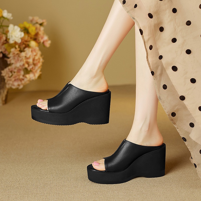 Dép sandal cao gót nữ mũi cá, đế xuồng dày, quai ngang, gót 8 cm — đen