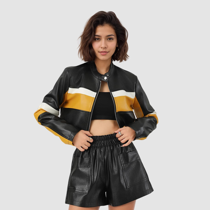 Cross-Border Custom Pu Leather Color-Blocking European and American Style Sexy Leather Jacket with Stand Collar, Slim Fit, Short Biker Leather Jacket for Women, Trendy Cross-Border Custom Pu Leather Color-Blocking European and American Style Sexy Leather Jacket with Stand Collar, Slim Fit, Short Biker Leather Jacket for Women, Trendy