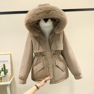 实体拿货女士派克服大毛领连帽抽绳收腰冬季棉服货源