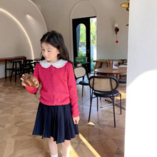 25秋冬女童法式气质全羊毛菱格酒红色羊毛开衫亲肤保暖毛衣针织衫