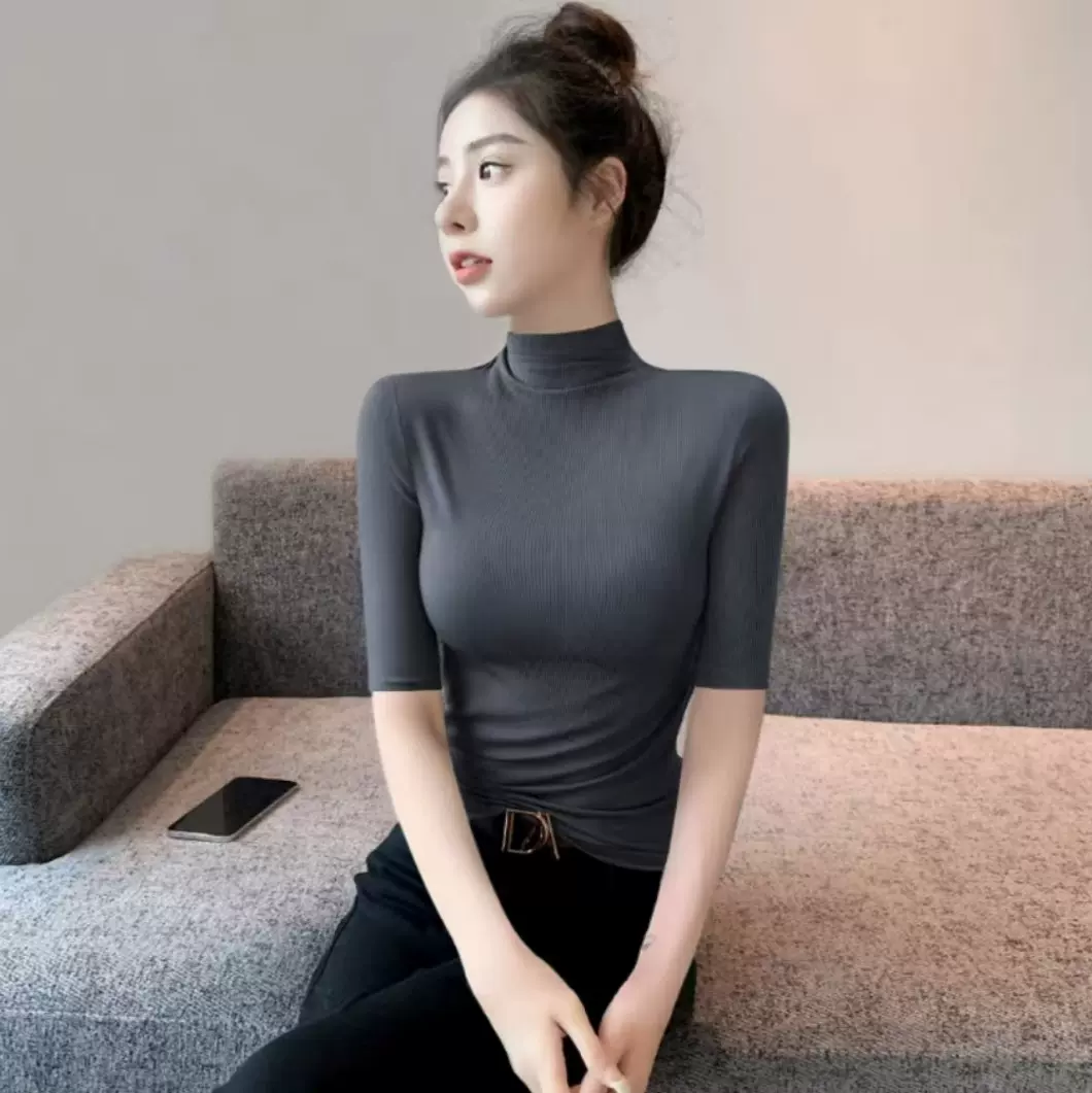 2024新款秋冬小立领短袖T恤女早秋新款韩版修身半高领五分袖纯色